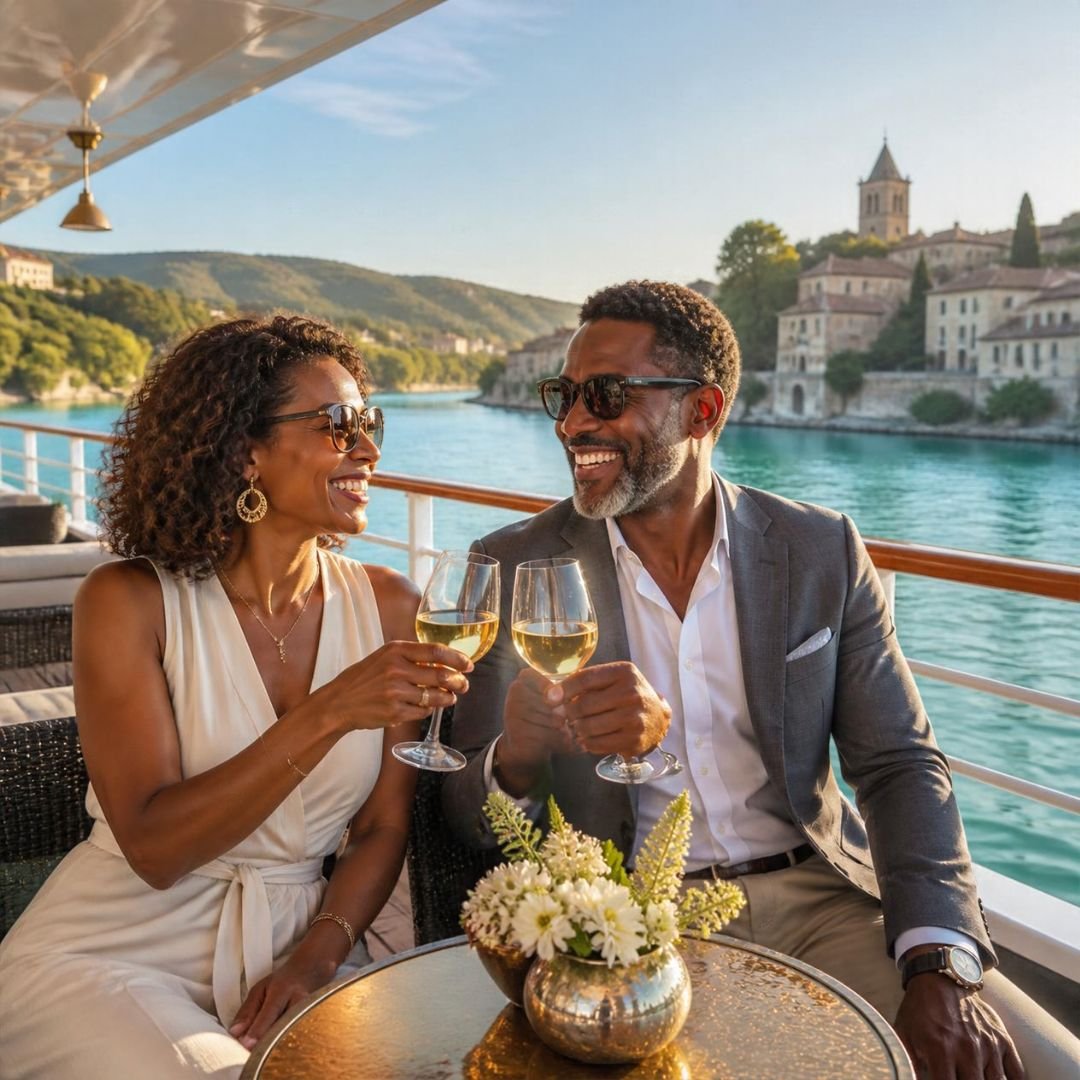 A couple toasting with white wine on a river cruise deck
